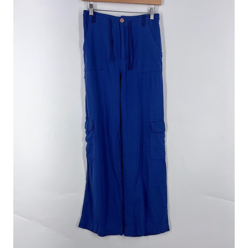 Sincerely Jules Blue Linen Blend Wide Leg Cargo Pants Women's Size Small NWT